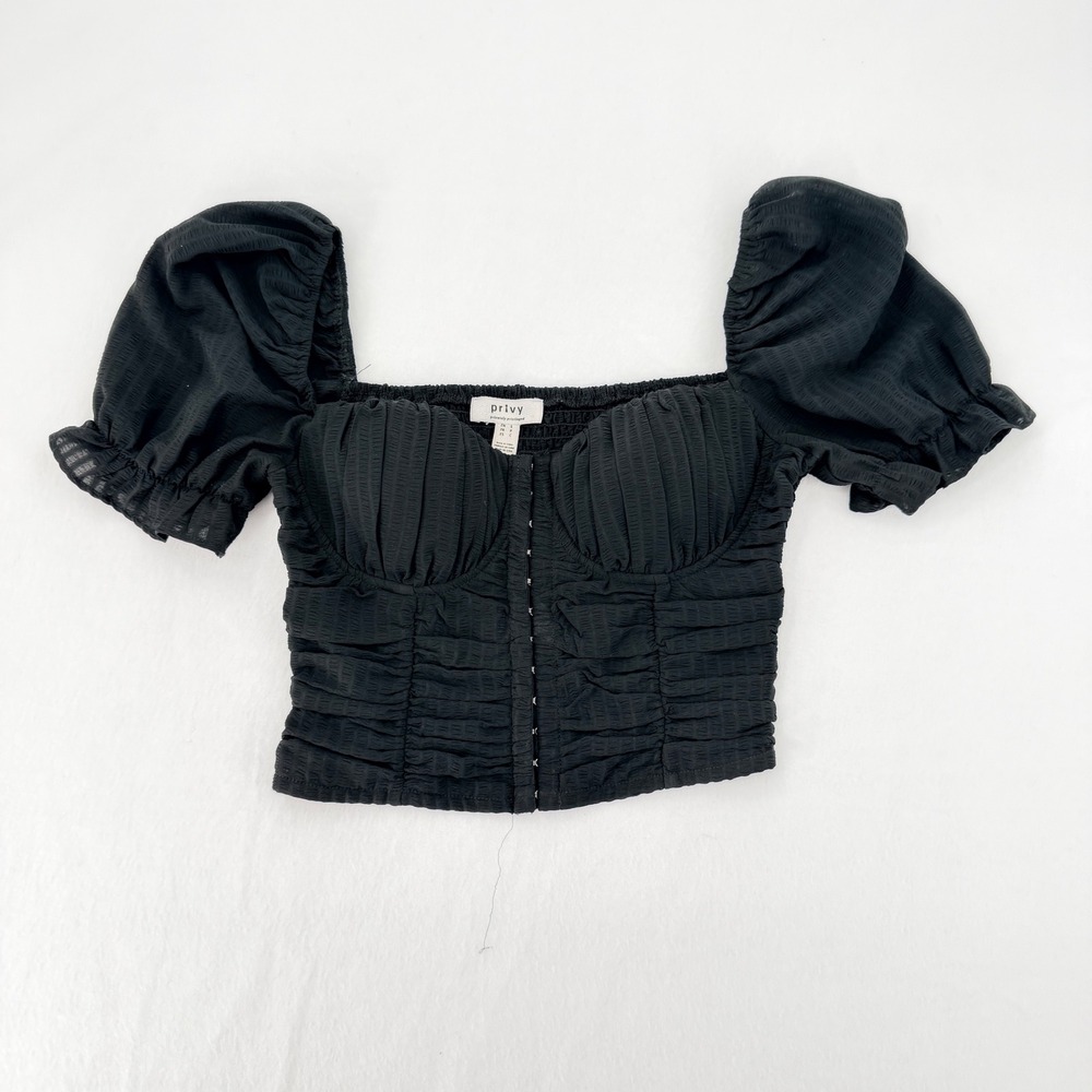 Privy Crop Top Womens Small Black Puff Sleeve Ruched Milkmaid PT40873N - Picture 7 of 7